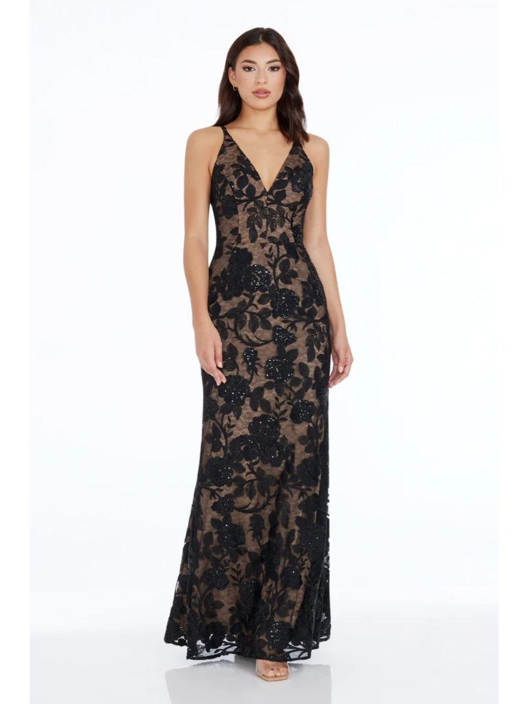$328 Dress The Population Sharon Black Floral Sequin Lace Gown Dress, Xs